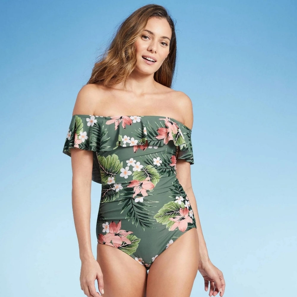 Kona Sol Off Shoulder Flounce High Coverage One-Piece Swimsuit S 4 6 NWT